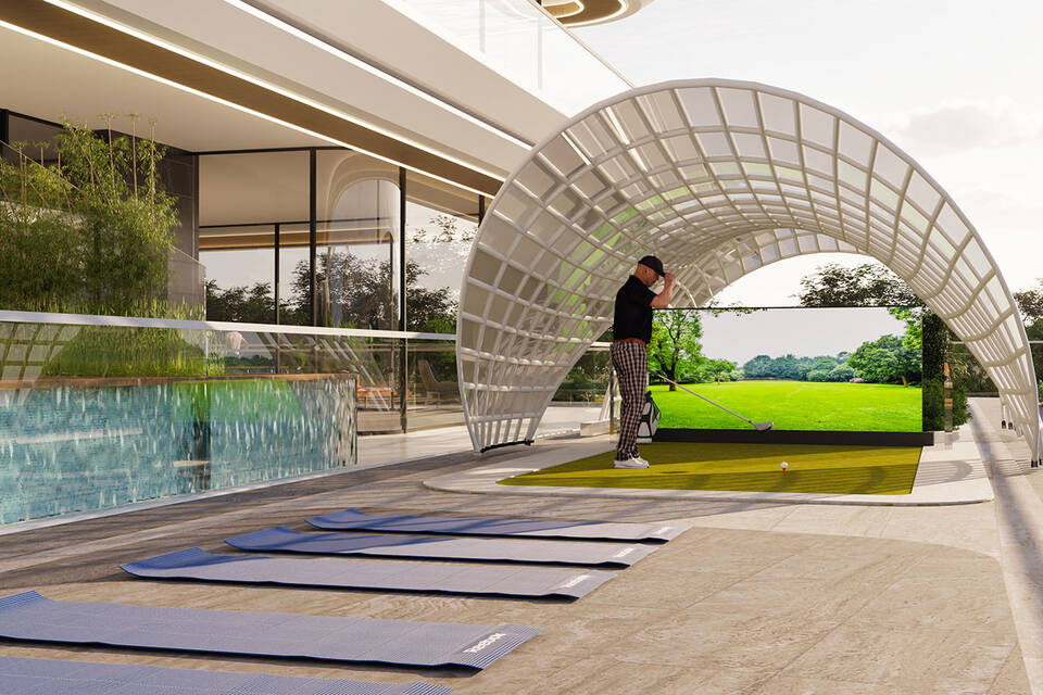 VR golf simulator, open-air cinema, spa zone